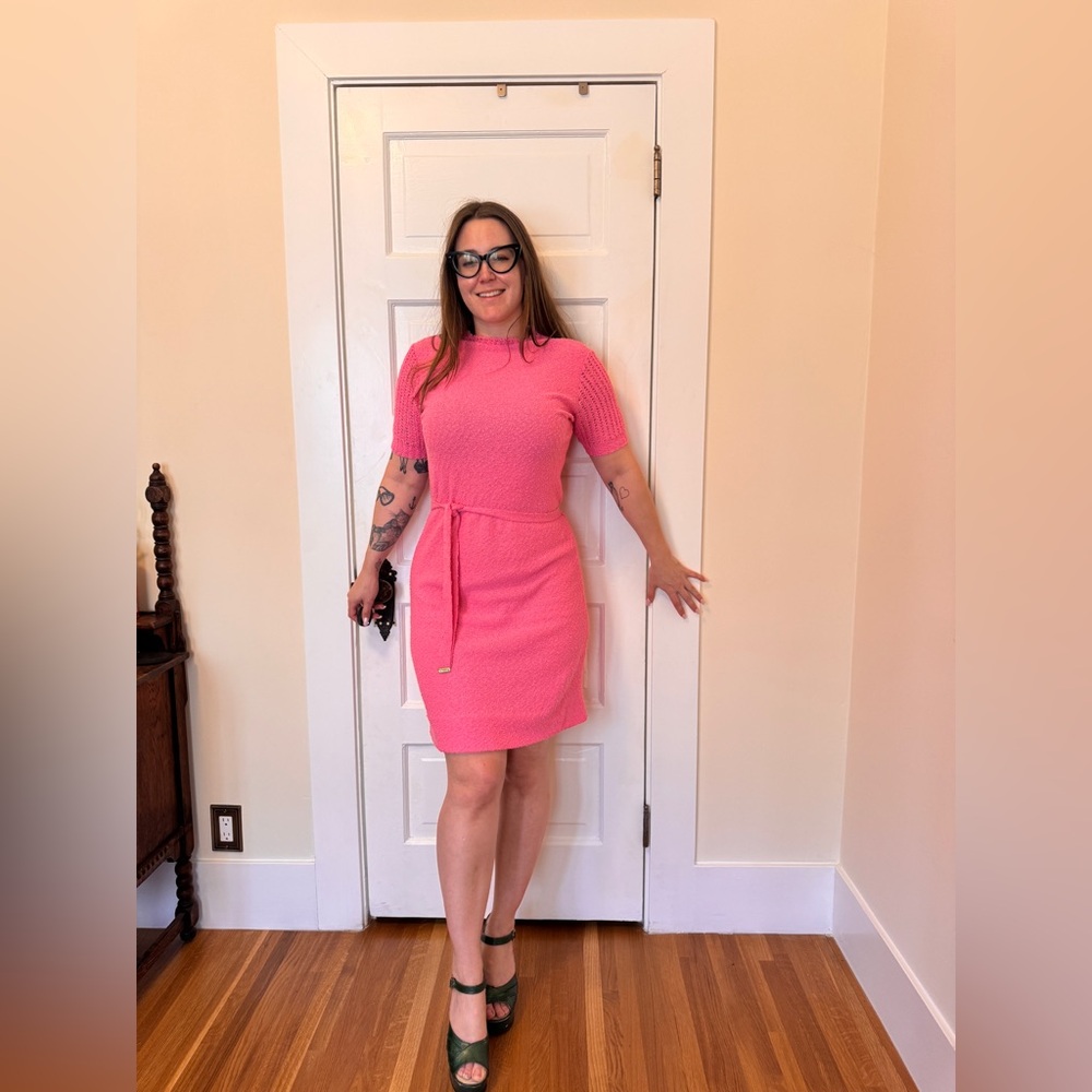 60s Vintage Barbie Pink bouclé Knit Wiggle Dress Sz M